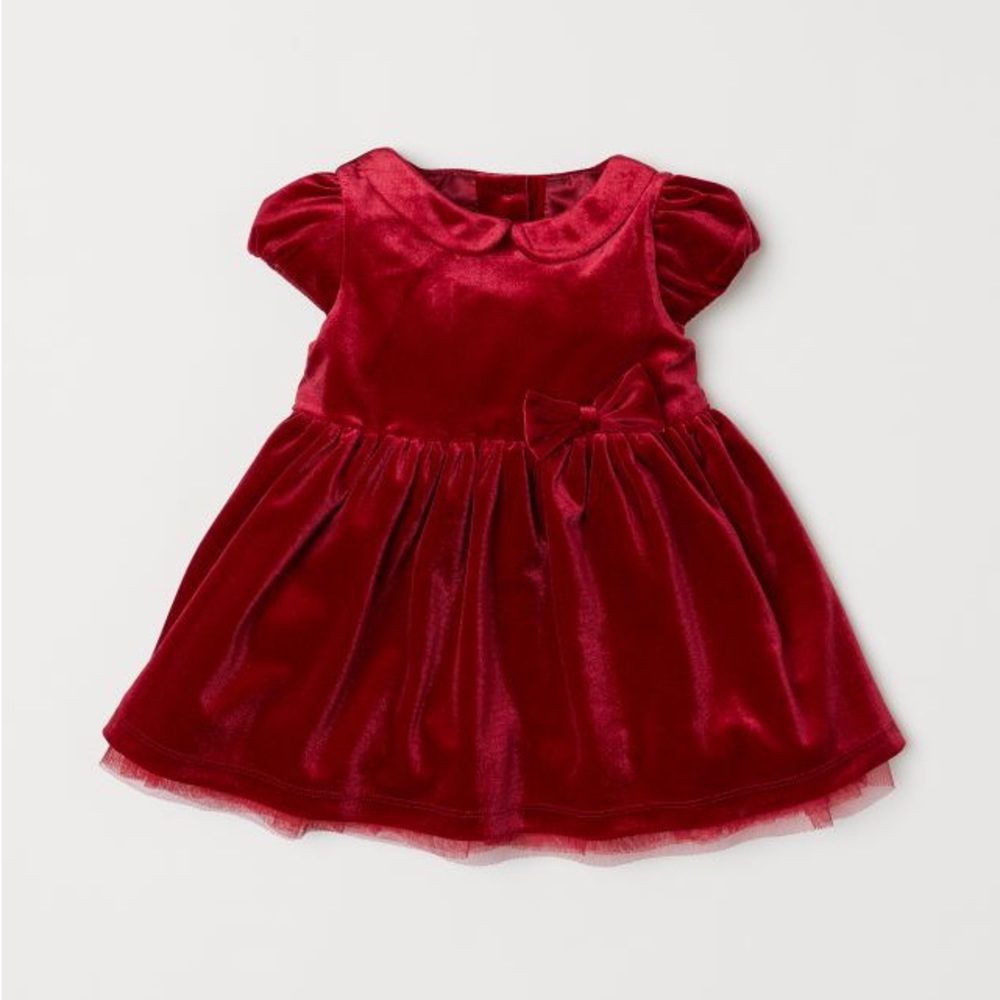 H&M Puff-sleeved Velour Dress 6-9M